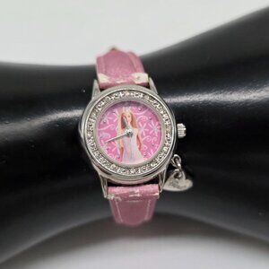 Barbie Pink Girls Watch With Heart Charm & Glitter Bezel Quartz Analog Working